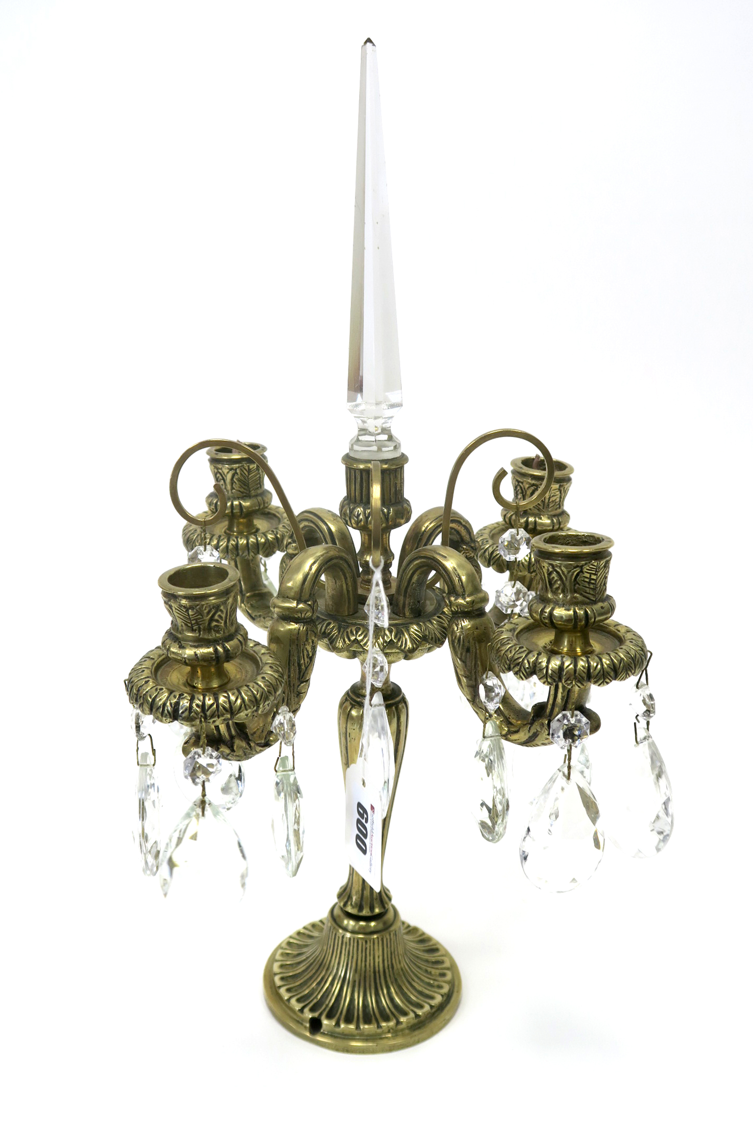 A Mid XX Century Continental Brass Four Branch Candelabra, the hexagonal tapering column hung with