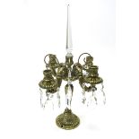 A Mid XX Century Continental Brass Four Branch Candelabra, the hexagonal tapering column hung with