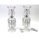 A Pair of Glass Table Lamps, with bell shape shades and faceted lustre drops to baluster columns and