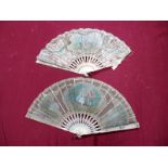 A Late XIX Century Continental Fan, with carved and pierced bone guards, the leaf painted with