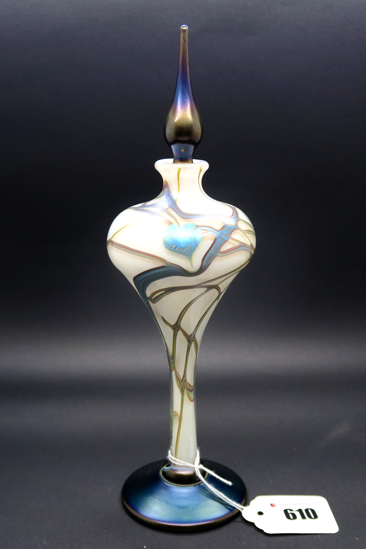 An Okra Glass Scent Bottle and Stopper, of tall pedestal form, with trailed stylised foliate