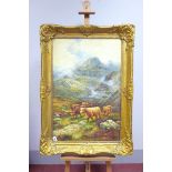 ENGLISH SCHOOL (Early XX Century) Highland Cattle in a Mountainous Misty Landscape, oil on canvas,