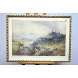 W.McK (British, Late XIX Century) Castle in a Mountainous Landscape with Figures, watercolour,