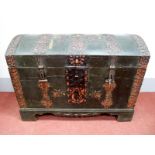 A XIX Century Continental Painted Trunk, the domed top with pierced strapwork, the sides with