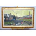 L. EWINGS A Lancashire Canal Scene with Barge and L.M.S. Train, (possibly Bolton), oil on canvas,