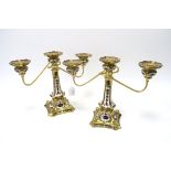 A Pair of Royal Crown Derby Porcelain Two Branch Candelabra, with gilt metal mounts, the tapered