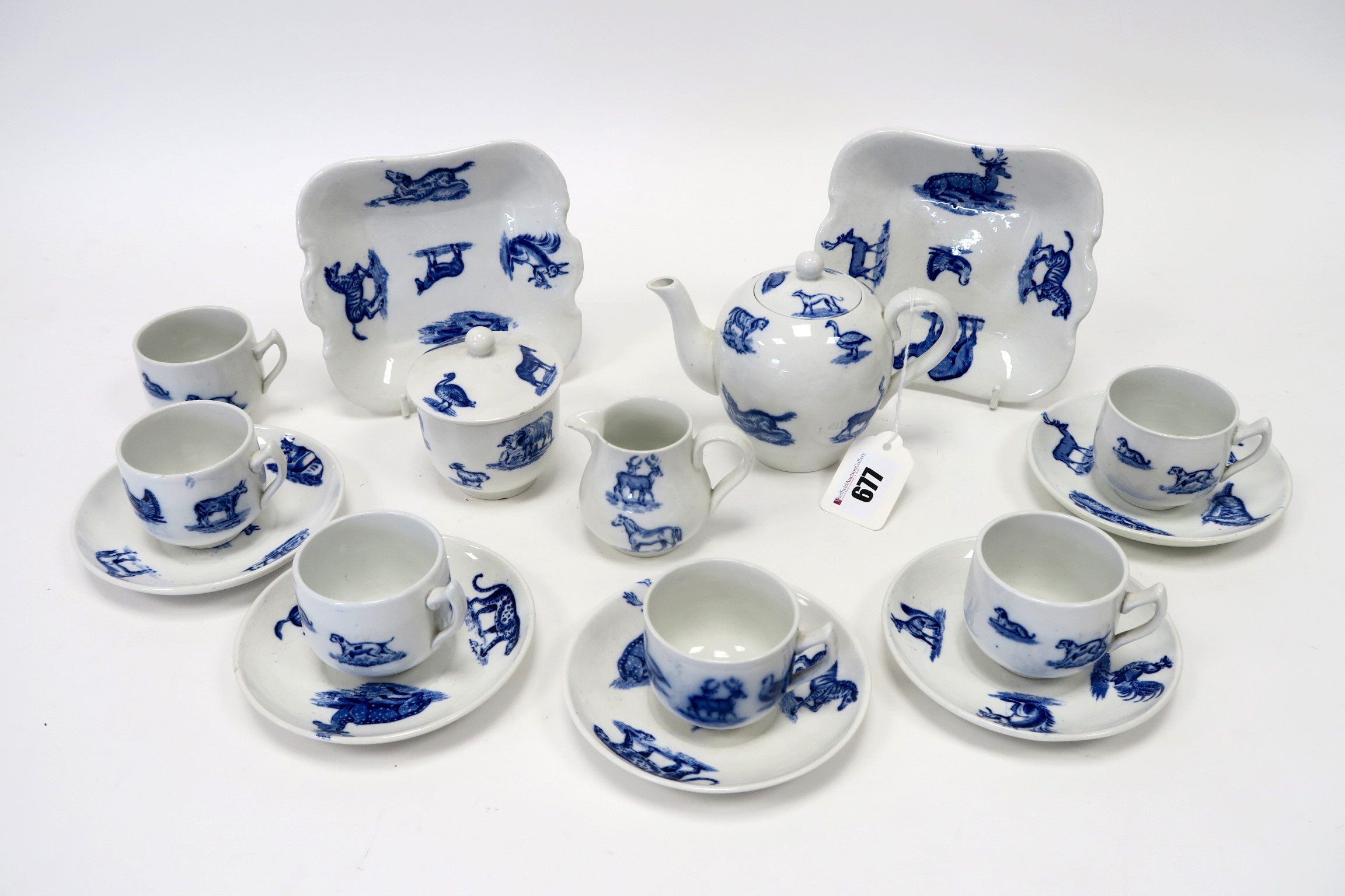 A Late XIX Century Copeland Spode Pottery Dolls House Tea Service, decorated in flo blue with