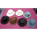 Two Gents Dunn & Co., Brown Felt Trilby Hats, two Christie's wool tweed hats, a Panama hat and two