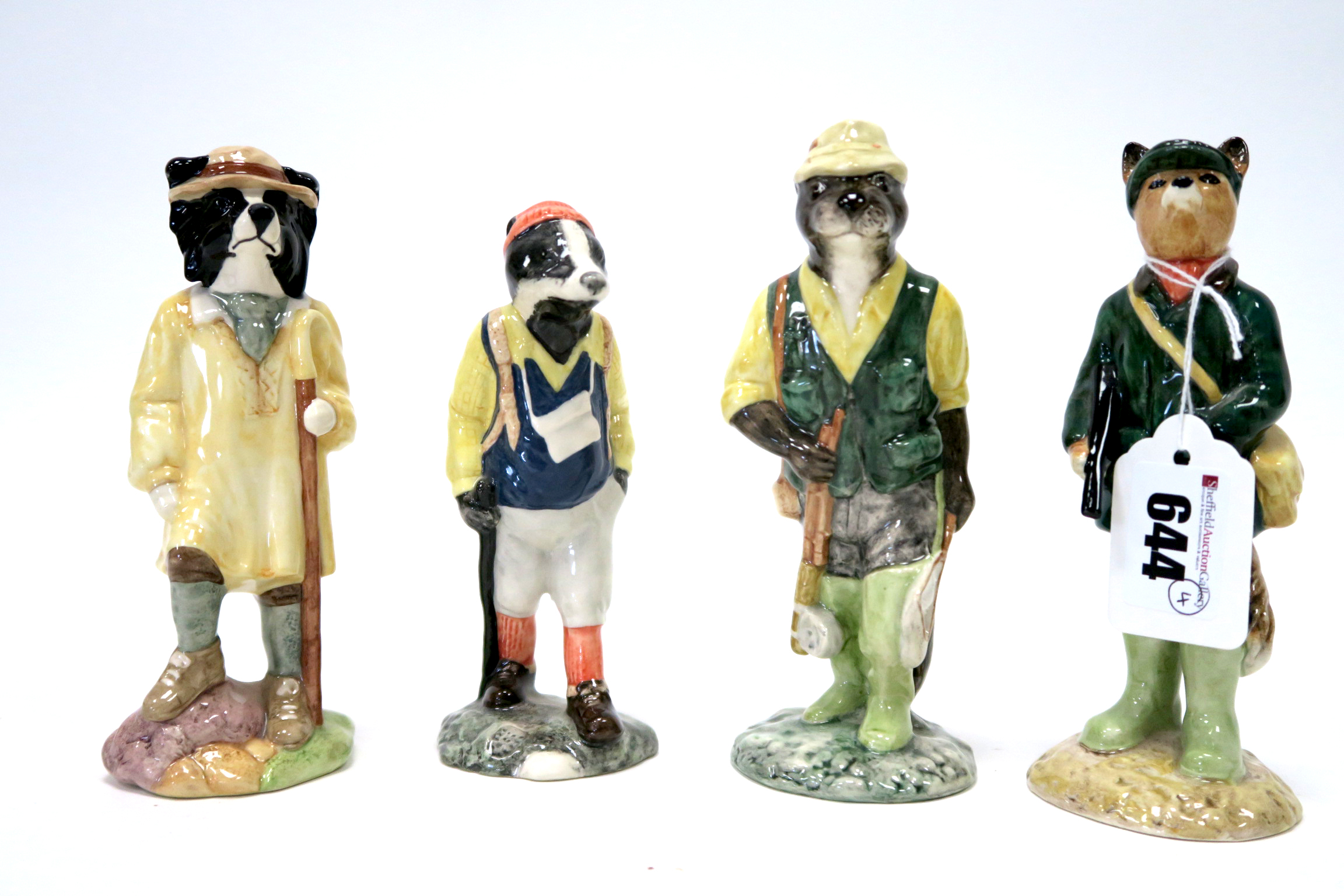 Four Beswick Pottery English Country Folk Figures, Fisherman Otter, Hiker Badger, Huntsman Fox and