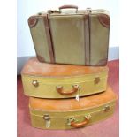 Two Vintage "Victor Luggage" Tan Leather Suitcases, with beige hessian style sides and brass
