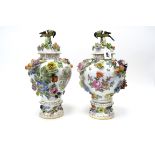 A Pair of Early XX Century Dresden Porcelain Vases, Covers and Stands, of ovoid form, decorated with