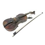 An Early XX Century Violin, with one piece back, length 36cm; together with a bow with mother of