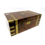 A Mid XIX Century Walnut Brass Bound Writing Box, opening to reveal a leather slope, pen rest and