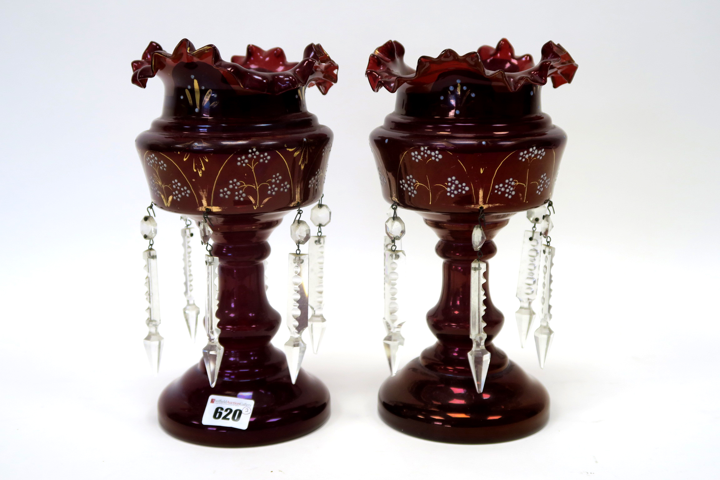 A Pair of Late XIX Century Ruby Glass Table Lustres, decorated in gilt and white enamel with