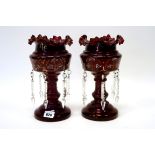 A Pair of Late XIX Century Ruby Glass Table Lustres, decorated in gilt and white enamel with