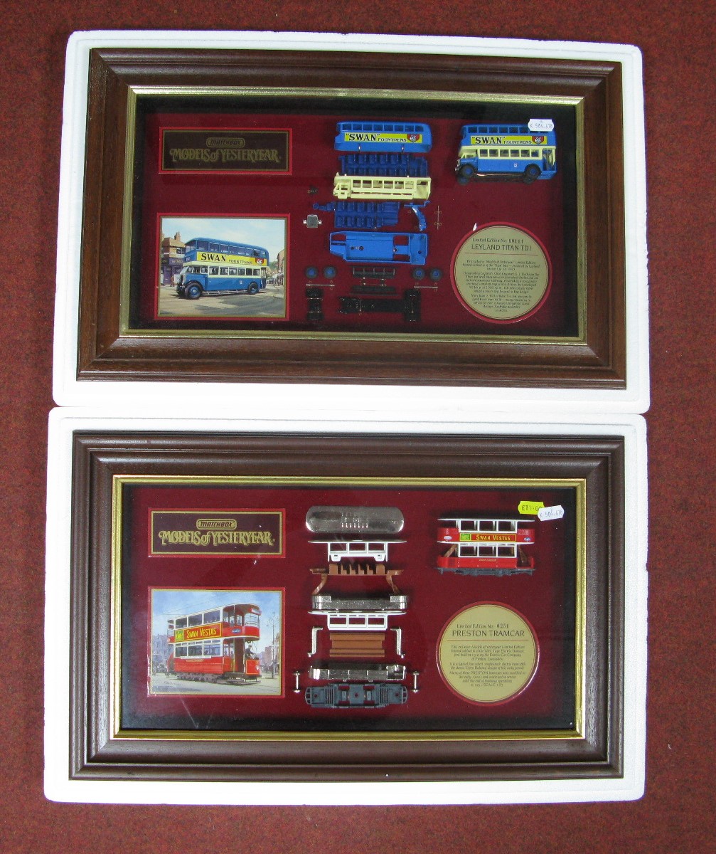 Two Matchbox Models of Yesteryear Framed Diecast Display Cabinets, Preston tramcar No. 0251, 'Swan