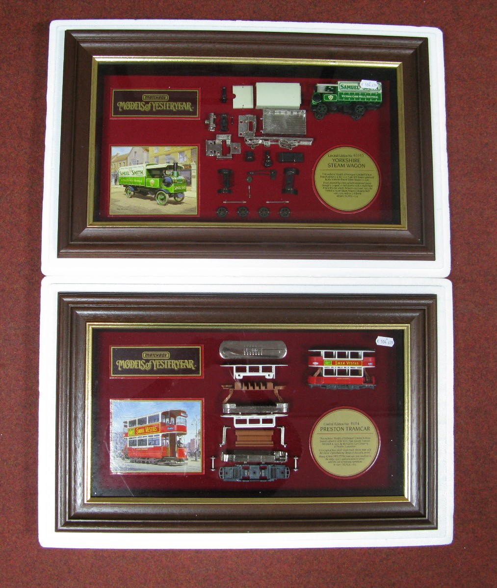 Two matchbox Models of Yesteryear, framed diecast display cabinets, Preston tramcar, no0604 "Swan