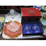 Doulton Brandy (Golfing), and whisky glasses, Stuart flutes (all boxed), carnival dish, Doulton