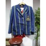 A Circa 1930's School Blazer, in navy blue with green/white stripes, and a vintage Union Jack