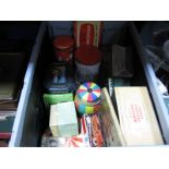 A Quantity of Tins, clockwork mouse, fire truck, trouser press, etc:- One Box