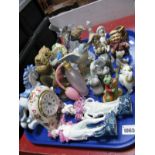 Atomiser, figurines, Emperor clock, condiment set, etc:- One Tray