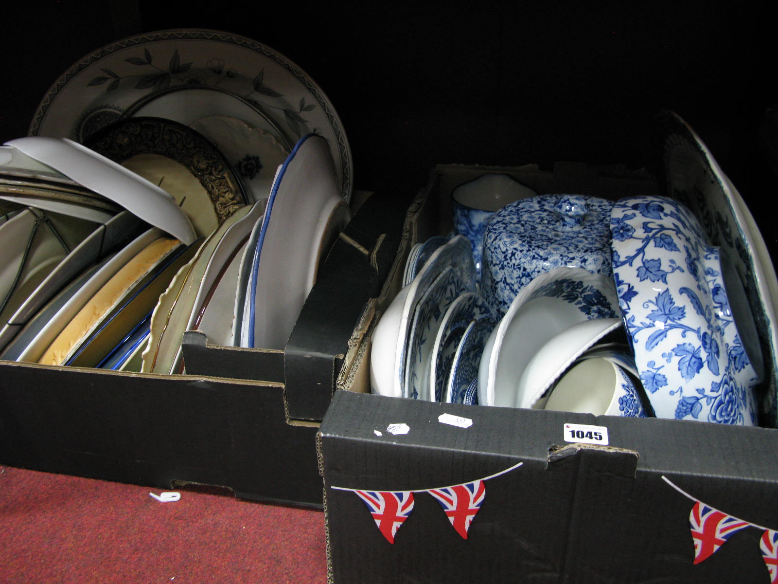 A Quantity of Blue and White Pottery, various plates:- Two Boxes