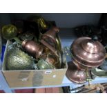 A XIX Century Copper Kettle, tea urn, jug, other brass and copper ware, etc:- One Box