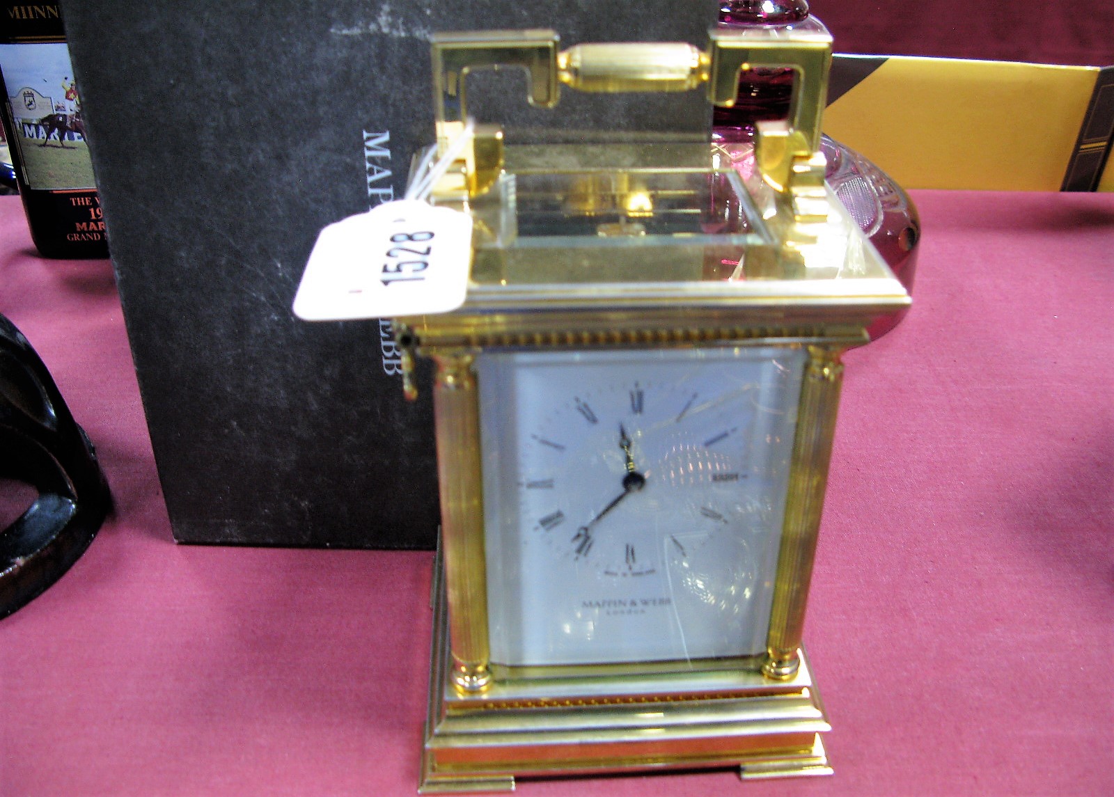 Mappin & Webb of London Carriage Clock, with bell strike to wind-up mechanism, reeded pillars to