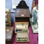 Oak Knife/Salt Box, with wall aperture to domed back; two boxed Students microscopes. (3)