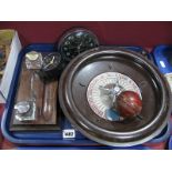 Chad Valley Bakelite Roulette Wheel, mahogany desk stand with twin glass wells, cricket ball,