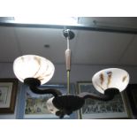 A Mid XX Century Three Branch Ceiling Light, scroll wooden branches and lobed boss, fitted with