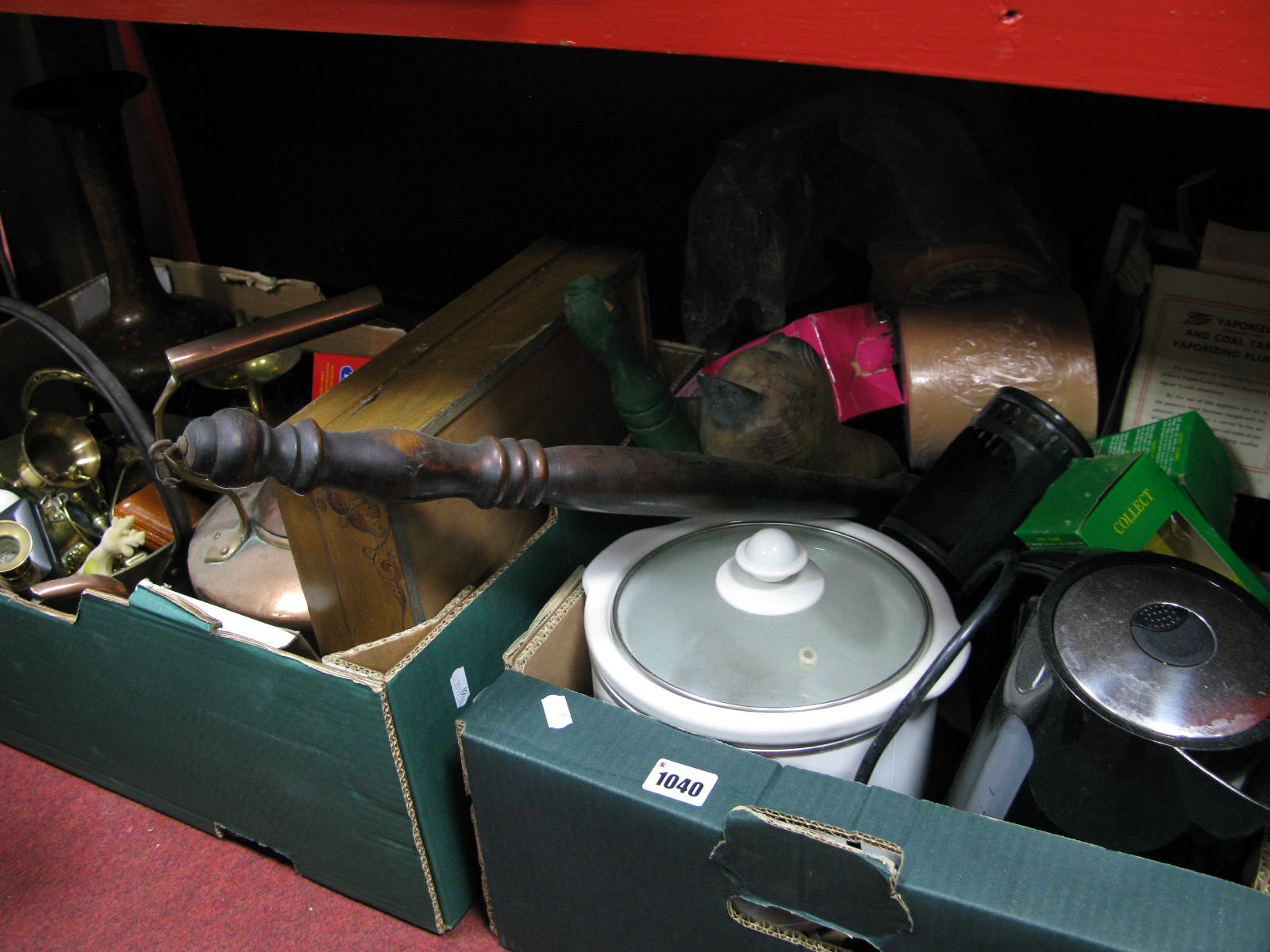 A XIX Century Copper Kettle, brassware, beer mats, kettle, etc:- Two Boxes (Untested Sold For