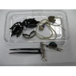 Floral Spray Two Prong Hair Ornament, graduated bead necklace (damaged), scarab beetle bar brooch,