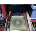 A Brass and Coffee Hot Plate, in oak carry stand, tools, wool winders, scales, etc:- One Box