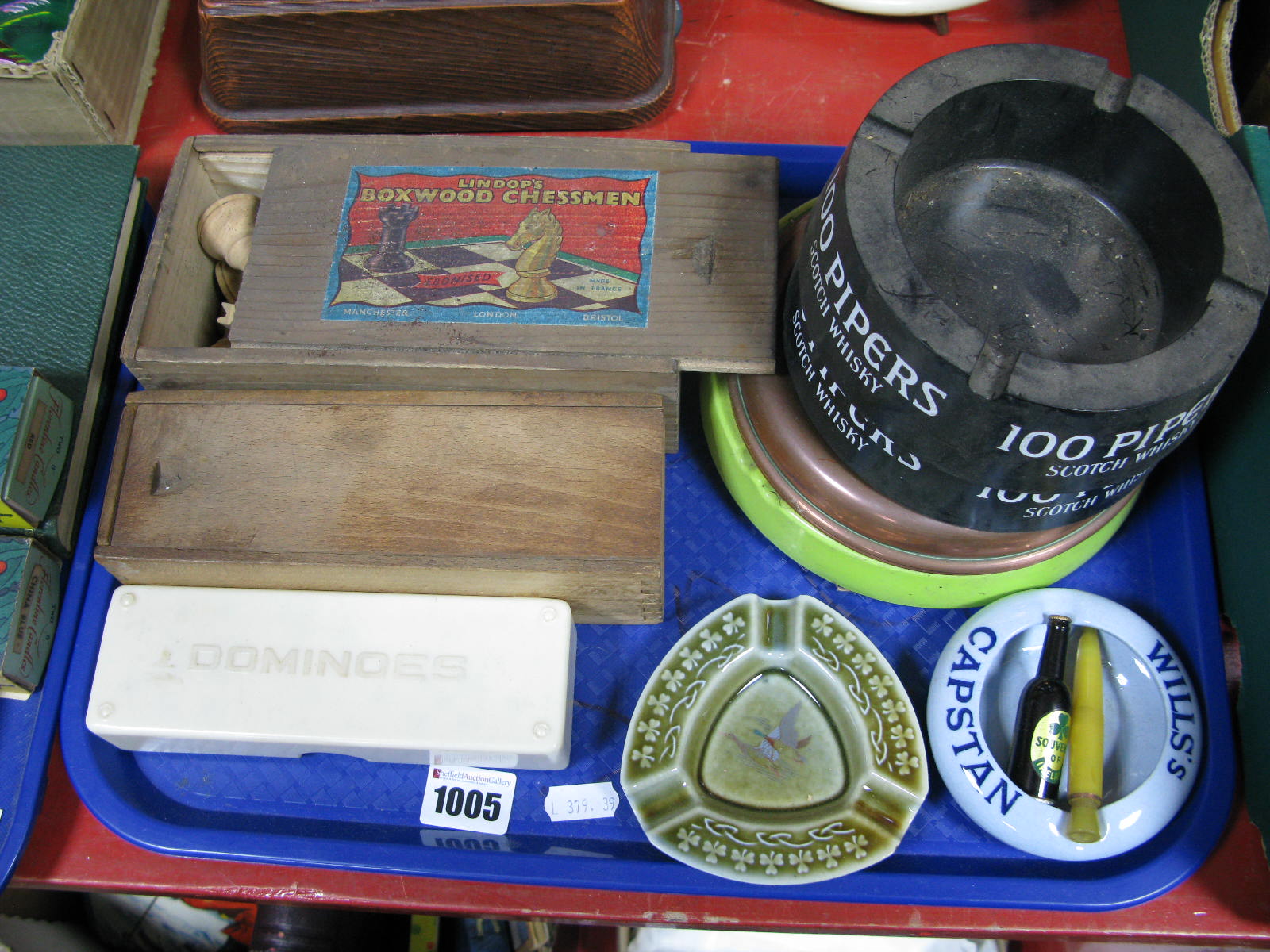 Bone Dominoes, Lindors boxwood chess, ashtrays:- One Tray