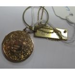 A 9ct Gold Circular Locket Pendant, leaf scroll engraved; together with a 9ct gold rectangular panel