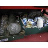 Blue And White 'Ming' Tureens, Willow Pattern meat plate, other ceramics, glassware:- Two Boxes