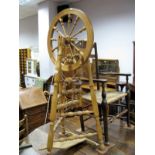 A Late XX Century Light Oak Spinning Wheel, 53cm wheel diameter, ring turned tripod and