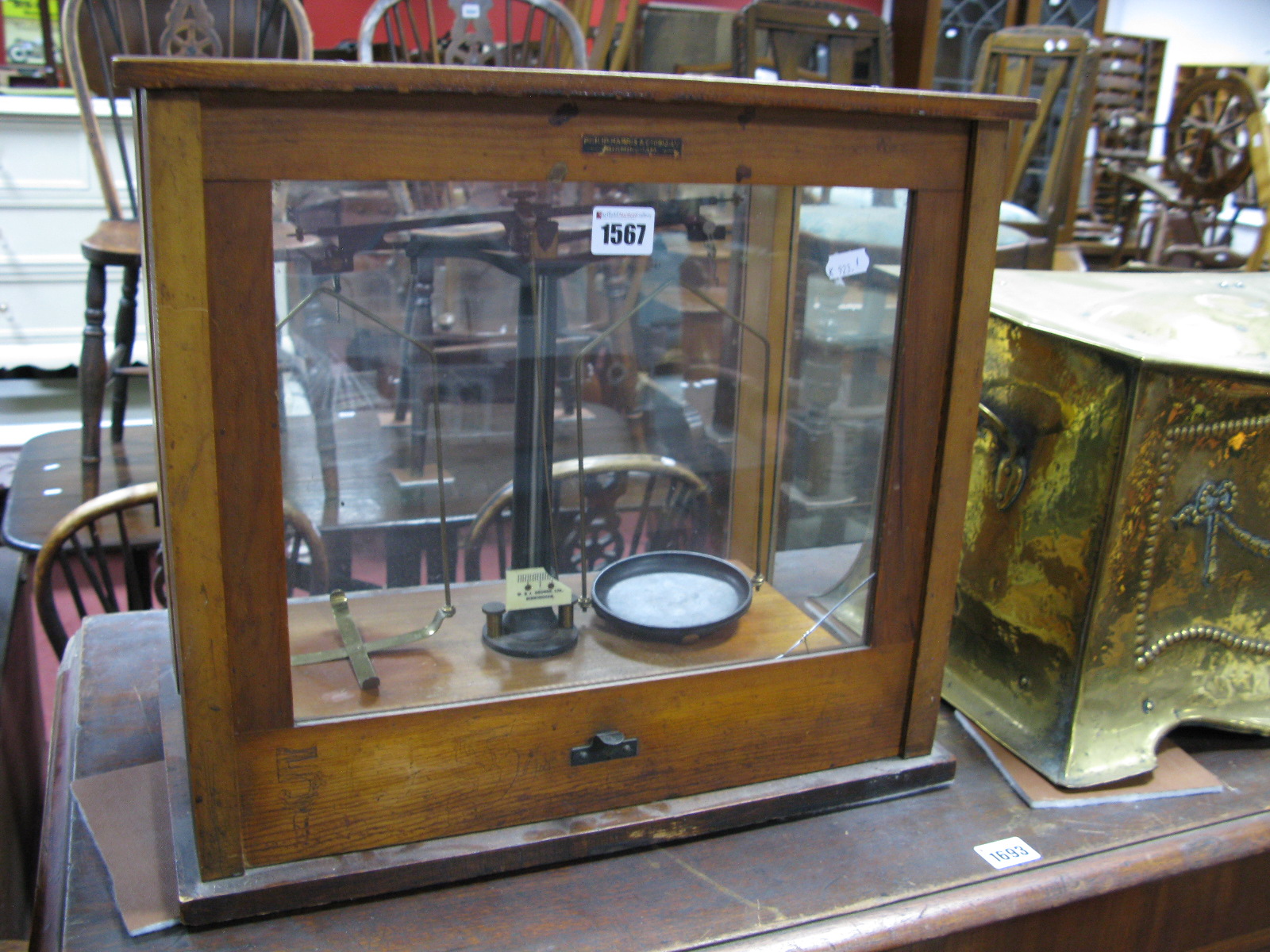 W & J George Ltd Birmingham Early XX Century Pine Cased Laboratory Scales.