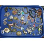 Assorted Costume Brooches, glass bead necklace, bangle, pendant on chain, etc:- One Tray