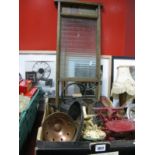 A XIX Century Cast Iron Kettle, trivets, scales, flat iron, scrub board, etc:- One Box