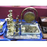 Brass Candlesticks, Bells, Dinner Gong, Horse Brasses, etc:- One Tray