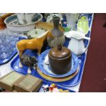 Beswick Horse (ears damaged), oak biscuit barrel, tea caddy, Doulton Plate, other ceramics:- One