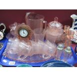 1930's Pressed Pink Glassware, including mantel clock:- One Tray