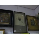 Whist At Wardells Ivorex Plaque, Raines and Porter bird silk, two Cecil Aldin prints, Victor Gilbert