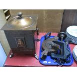 A Circa 1930's Oxidised Copper Coal Box, with planished finish, companion set, bellows, shoe last,