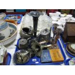 An Epergne, teapots, Sheffield candlesticks, other plated ware, etc:- One Tray