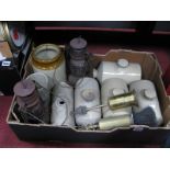 Five Stoneware Hot Water Bottles, jars, hurricane lamps:- One Box