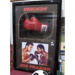 Boxing Smokin Joe Frazier Signed Everlast Left Handed Red Boxing Glove - Unverified, as a mounted