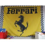 Motor Racing. Ferrari. Fabric flag featuring horse logo below name, on yellow background within